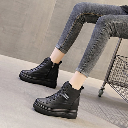 2025 Autumn and Winter Women's Shoes New Wedge-Heeled Thick-Soled Platform High-Top Shoes for Small People with Inner Heightening Casual Shoes Short Boots for Women