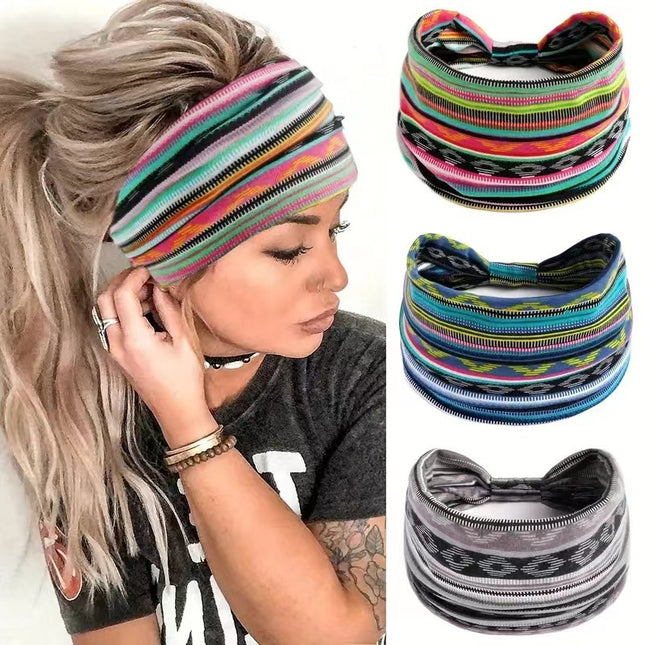 Bohemian Hairband with Wide Edge, Knotted Print, Ethnic Style, Sweat-Absorbent and Anti-Sweat, Retro Style, Versatile