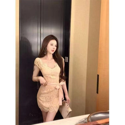 French-Style Socialite Lace Short-Sleeved Dress for Women Summer New Sexy Waist Slimming Pure Lust Hip-Hugging Short Skirt