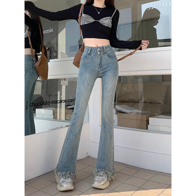 Design Tassel Micro-flared Jeans Women's Spring 2024 New Retro Light-colored High-waisted Slim-fit Mop Pants