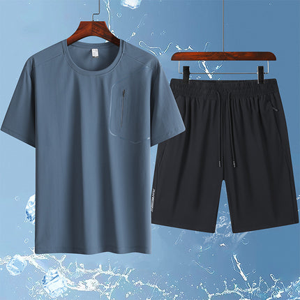 25 Summer Ice Silk Sports and Casual Large Size Short Suit Men's Summer Ice Silk Quick-Drying Ice Silk Two-Piece Running Suit