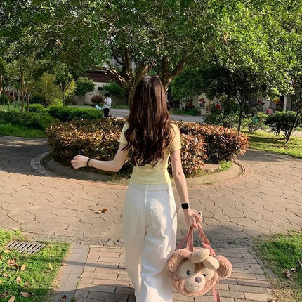 Cream Yellow Polka Dot Fake Two-Piece Right Shoulder Short-Sleeved T-Shirt for Women Summer Slim Lace Sweet Sexy Short Top