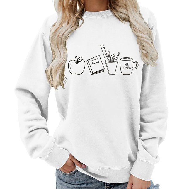 Apple Books Tea Cup Pencil Printing Crewneck Women's Top Sweatshirt Foreign Trade Supply Autumn and Winter Coat Casual Loose