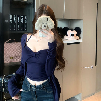 Trendy Two-Piece Set: Pure Desire Hot Girl Style Twisted Design Camisole for Women, Early Autumn New Niche Versatile Cardigan with Long Sleeves