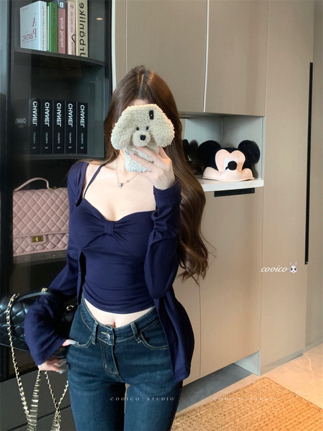 Trendy Two-Piece Set: Pure Desire Hot Girl Style Twisted Design Camisole for Women, Early Autumn New Niche Versatile Cardigan with Long Sleeves