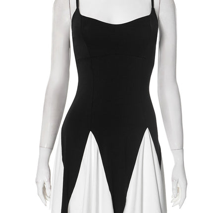 2025 Spring and Summer New Cross-Border Women's Suspender Black and White Stitching Backless Casual Sexy Simple Slim Dress