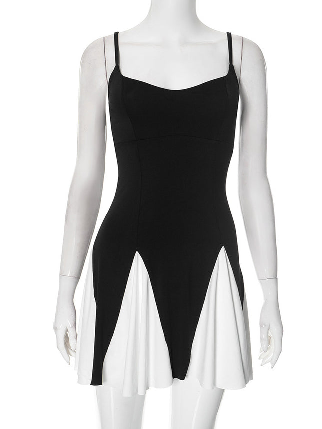 2025 Spring and Summer New Cross-Border Women's Suspender Black and White Stitching Backless Casual Sexy Simple Slim Dress