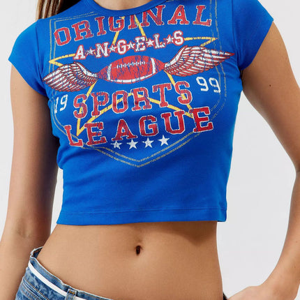 Trendy Short Blue Letter Print Crop Top T-Shirt for Summer, 65% Cotton, European and American Style