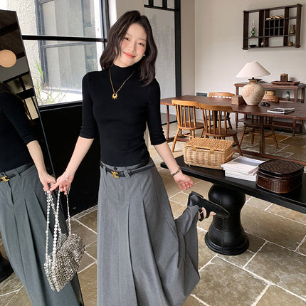 Factory Hot-Selling Korean Style Chic Half-High Collar Right Shoulder Slim Wool Mid-Sleeve Sweater for Women Commuting New Style Beautiful