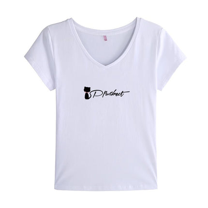 2025 New Summer White Short-Sleeved T-Shirt Women's V Neck Printed Korean Style Foreign Style Slim Shirt Simple Half-Sleeved