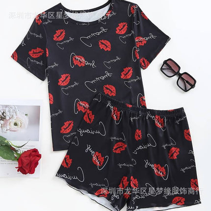 Red Lip and Letter Print Pajamas suit Short-Sleeve Round Neck Top and Stretch Shorts Women's Pajamas and Home Wear