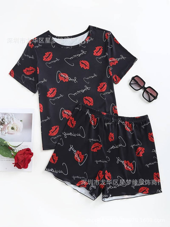 Red Lip and Letter Print Pajamas suit Short-Sleeve Round Neck Top and Stretch Shorts Women's Pajamas and Home Wear