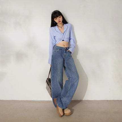 Retro Washed Wide-Leg Jeans for Women, Autumn New Low-Waist Straight Loose Design, Slimming Floor-Length Pants
