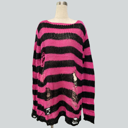Niche dark classic mohair new thin striped ripped loose long European and American Foreign trade sweater