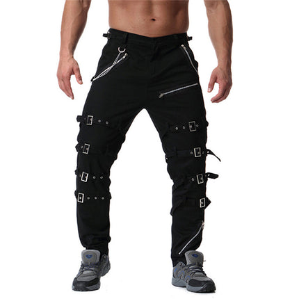 Chain Decoration Personality Casual Pants Men Gothic Pants Punk Rock Eyelet Cargo Pants Bondage Jeans