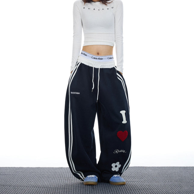 Prmr American Retro Loose Drape Wide-Leg Pants Towel Embroidered Two-Stripe Sweatpants Sports Dance Casual Pants