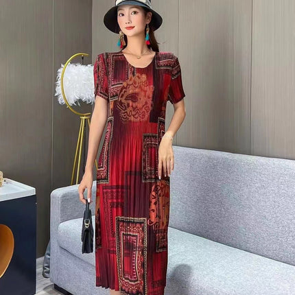 Miyake pleated 2025 summer new temperament round neck printed pleated skirt fashion waist thin magic dress
