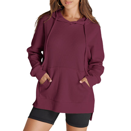 Shiying Pure Color Long-Sleeved Sweatshirt Women's Hoodie Textured Knitwear Slit Top Cross-Border Women's New Style