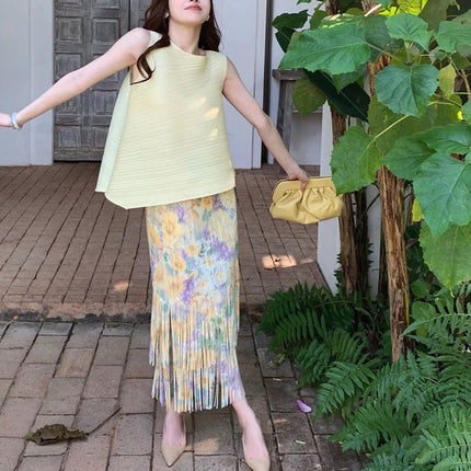 Miyake Summer Women's suit High-end Style with a Set of Tassel Pleated Skirt Sleeveless T-shirt Two-piece Set for Women