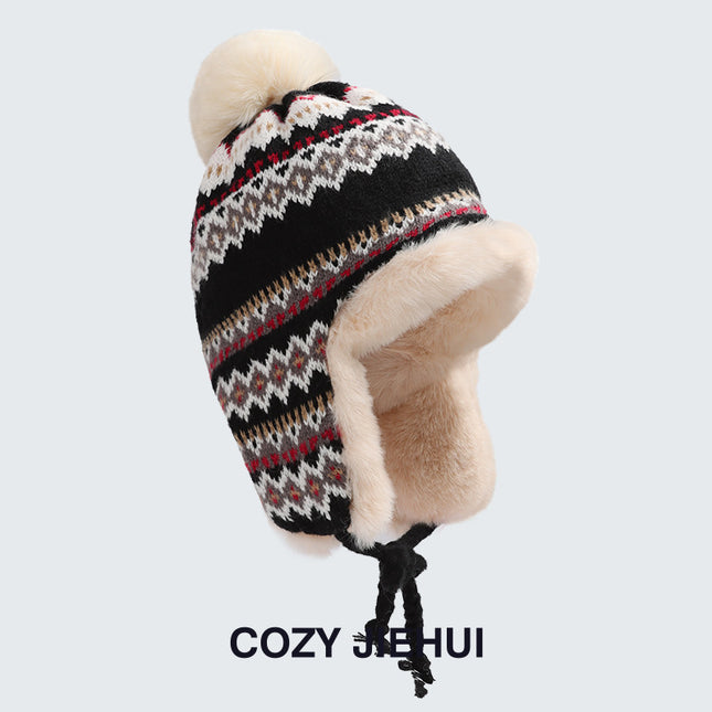 Fair Isle Style Knitted Hat, Thickened for Cold Weather in the Northeast, Windproof and Cold-Resistant Lei Feng Hat, Winter Thickened Warm Ear-Protecting Jacquard Hat