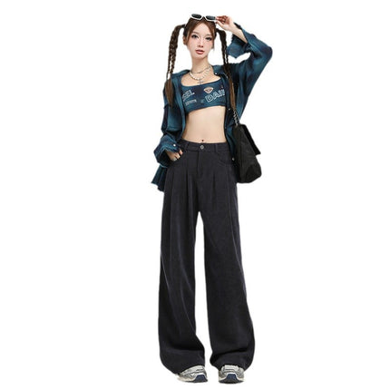 4 Color Corduroy Pleated Wide Leg Casual Pants Women's 2024 Autumn and Winter New High Waist Loose Slimming Straight Pants