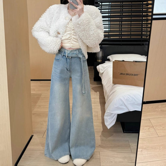 Spring 2025 New Arrival High Waist Fashionable Stretch Wide Leg Jeans Women's Retro Loose Slim-fit No-leg Mop Pants