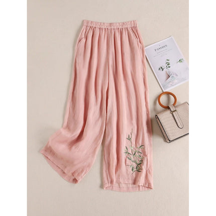 Southeast Asia Cross-Border Spring and Autumn Large Size Loose-Fitting Casual Slimming High-Waisted Cotton and Linen Embroidered Wide-Leg Pants