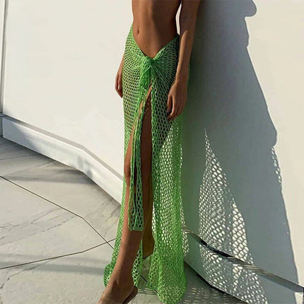 Cross-Border European and American Sexy Hollow Long Beach Skirt Solid Color Knitted Skirt Vacation Sun Protection Mesh Slit Long Skirt