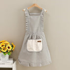 Cotton and linen striped hand pocket princess dress with suspenders [light brown color