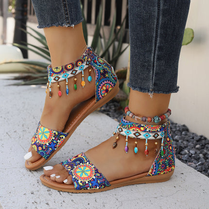 Roman Women's Sandals New Beaded Back Zipper Bohemian Flat Sandals