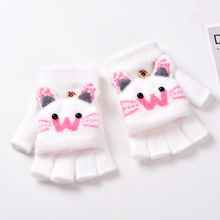 Cute Kitten Cartoon Knitted Children's Half-Finger Flip-Up Gloves, Thickened and Warm, Autumn and Winter Korean Style Student Cold-Proof Gloves
