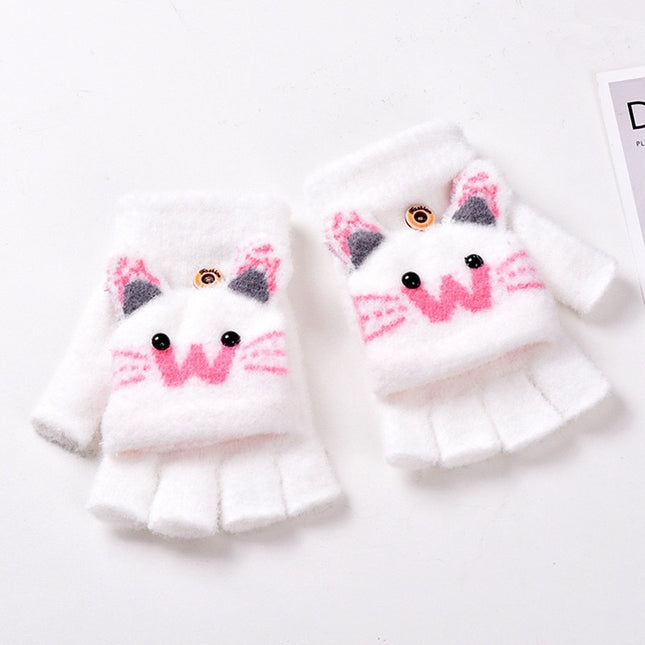 Cute Kitten Cartoon Knitted Children's Half-Finger Flip-Up Gloves, Thickened and Warm, Autumn and Winter Korean Style Student Cold-Proof Gloves