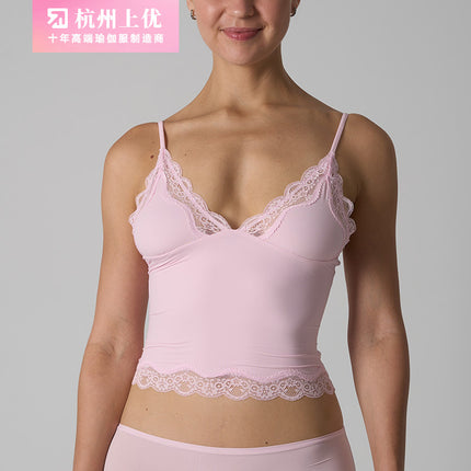 Lace Top Sk's Ultra-Elastic, Lightweight, Sleeveless Vest Without Chest Pads, Sexy Lace Trim, Adjustable Deep V Straps