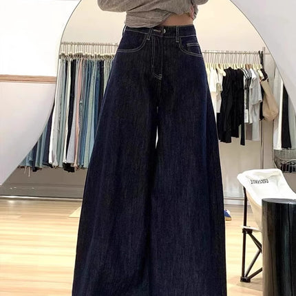 American Retro Loose Wide-Leg Jeans for Women, Spring Plus-Size High-Waisted Slimming Drape Floor-Length Versatile Straight Pants