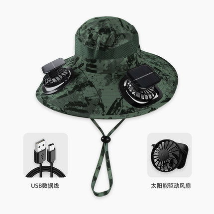 Summer Popular Fisherman Hat Solar Double Fan Rechargeable Hat Cross-Border Wholesale Sunshade and Sun Protection Essential for Fishing