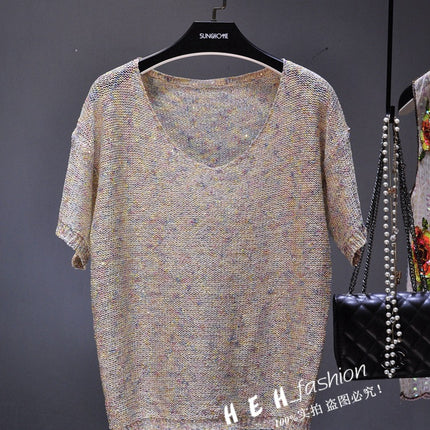 Han Eun's Thin Gold Silk Sequin Hollow Loose plus size Pullover Knitted Sunscreen Blouse V-Neck Short-Sleeved Top