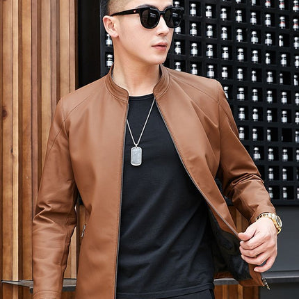 Haining Leather Jacket Spring and Autumn New Thin Genuine Leather Jacket for Middle-aged Men's Mat-gloss Style Collar Casual Leather Jacket