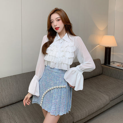 New Tweed Jacket with a Chanel-Inspired Style, Pleated High-Waisted Skirt, and Shirt Three-Piece Set with a High-End Feel for Winter