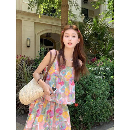 Floral French suit Women's Sling Top Summer New Skirt Elegant Skirt Seaside Vacation Two-piece Set