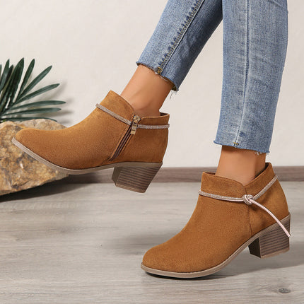 Rhinestone Strap Short Boots Autumn and Winter Fashion Casual Women's Ankle Boots Side Zipper Solid Color Round Toe Chunky Heel Women's Boots