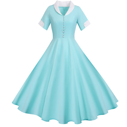 Cross-border Foreign Trade Retro Hepburn Style European and American Summer New Short-sleeved Suit Collar Solid Color Casual Large dress