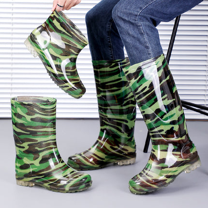 Men's and women's camouflage mid-barrel rain boots waterproof non-slip water boots thick-soled labor water shoes waterproof boots rubber shoes overshoes fleece-lined