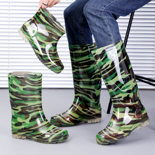 Men's and women's camouflage mid-barrel rain boots waterproof non-slip water boots thick-soled labor water shoes waterproof boots rubber shoes overshoes fleece-lined
