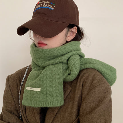 With wool solid color knitted wool scarf women's 2024 new high-end warm neck Korean green