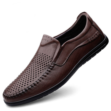 2024 spring new men's casual leather shoes first layer cowhide punching flat leather shoes lightweight peas shoes hollow shoes