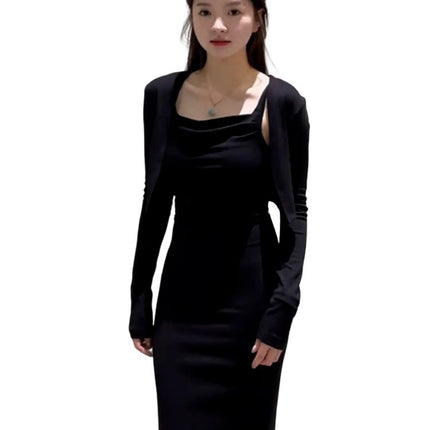 Autumn New Pure Desire Lazy Style Sling Collar Sling dress Fashionable Elegant Slimming Long Sleeve Cardigan Two-piece Set