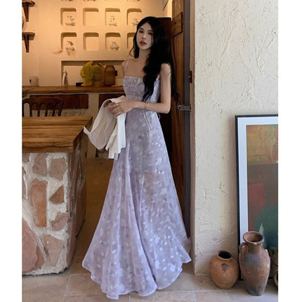 French Purple Floral Suspender Dress for Women in Summer, Chic and Good-Looking, Beach Photo Taking, Vacation Style Beach Mid-Length Skirt