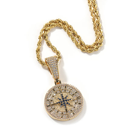 European and American hip-hop diamond-encrusted gold compass pendant necklace personality retro copper material pendant creative cross-border jewelry
