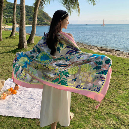 Ethnic Style Printed Silk Scarf Women's Seaside Travel Sun Protection Gauze Air Conditioning Warm Scarf Versatile Long Shawl