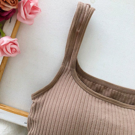 Summer Crop Top Women Seamless Square Collar Wide Straps Tank Top Knitted Striped Camisole Solid Corset Top Female
